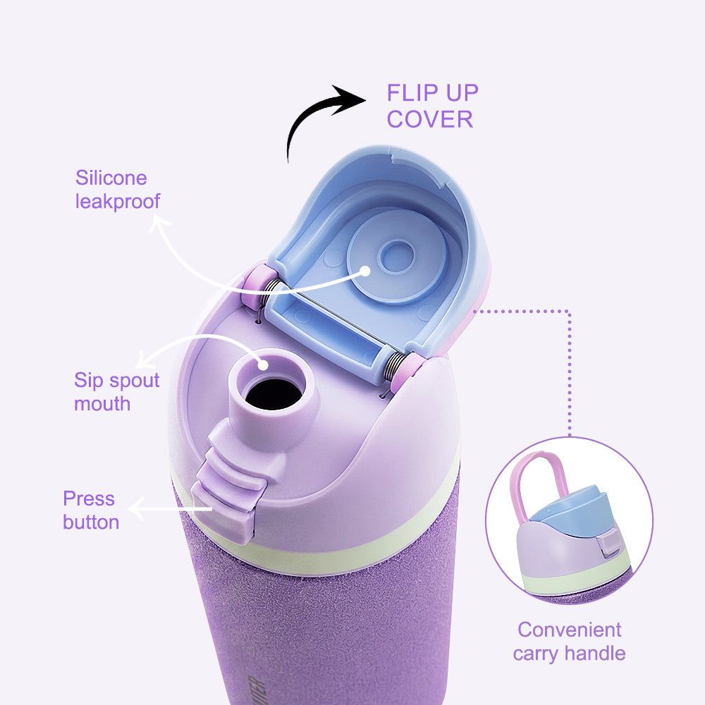Eazy Kids Glitter Stainless Steel Water Bottle 720ml – Double Wall Insulated, Spout Lid, Leakproof - Purple