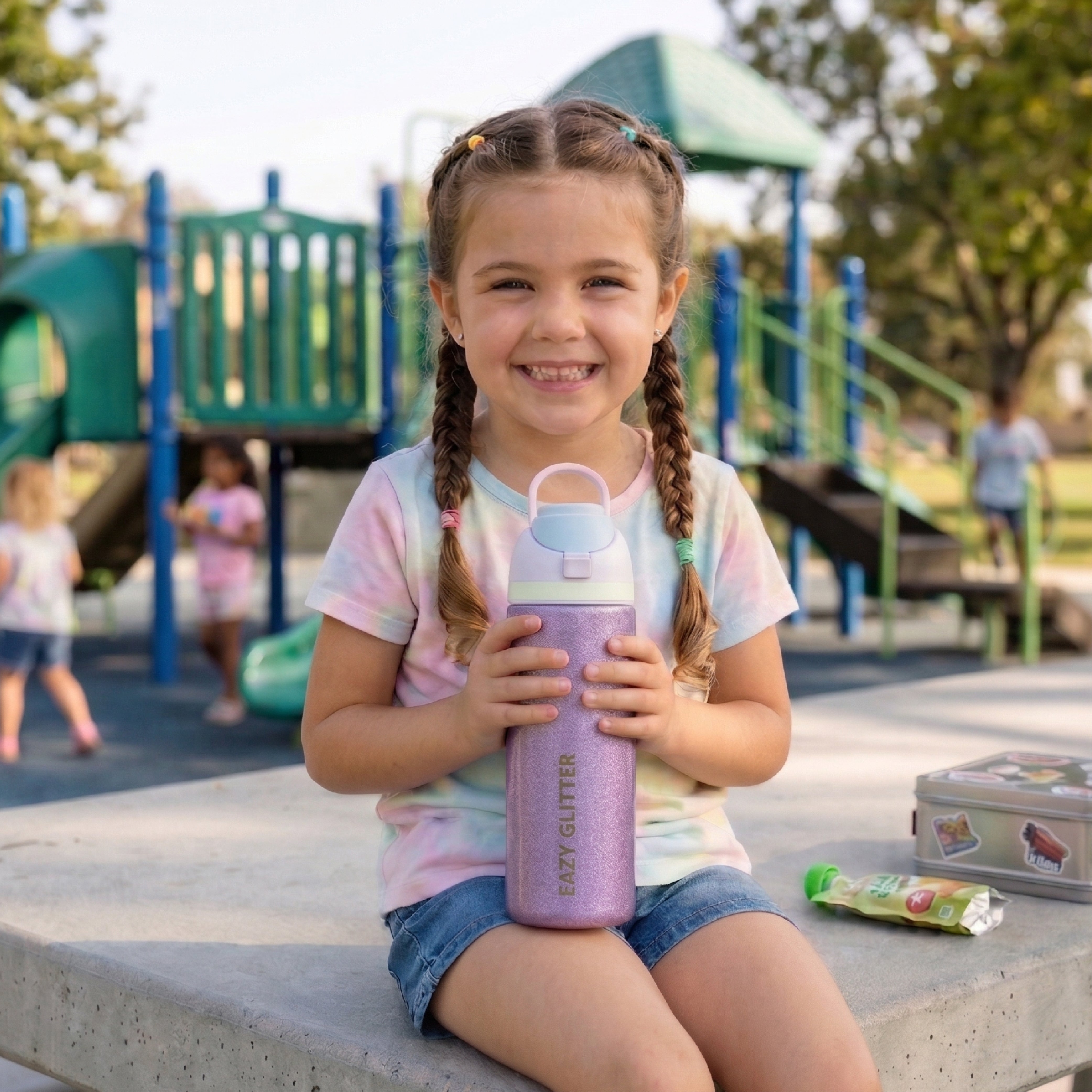 Eazy Kids Glitter Stainless Steel Water Bottle 720ml – Double Wall Insulated, Spout Lid, Leakproof - Purple