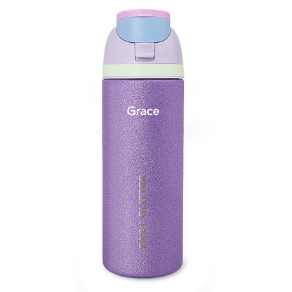 Eazy Kids Personalized Glitter Stainless Steel Water Bottle 720ml – Double Wall Insulated, Spout Lid, Leakproof - Purple