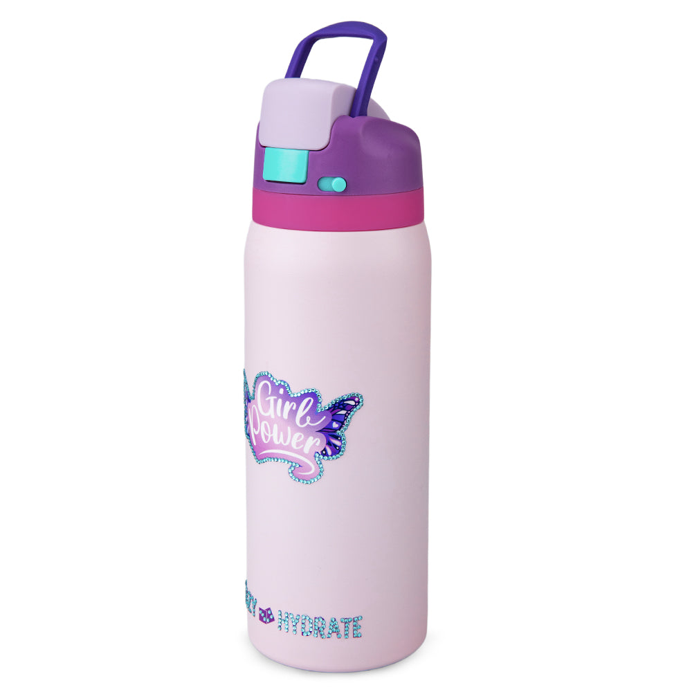 Eazy Kids Stainless Steel Water Bottle Bling w/ Straw and Spout 948 mL Girl Power Bling