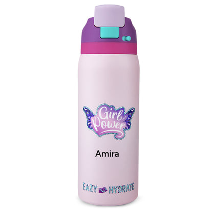Eazy Kids Personalized Stainless Steel Water Bottle Bling w/ Straw and Spout 948 mL Girl Power Bling
