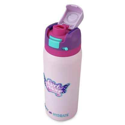 Eazy Kids Personalized Stainless Steel Water Bottle Bling w/ Straw and Spout 948 mL Girl Power Bling