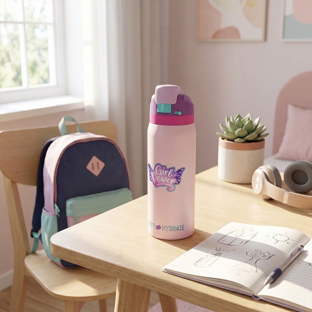 Eazy Kids Personalized Stainless Steel Water Bottle Bling w/ Straw and Spout 948 mL Girl Power Bling