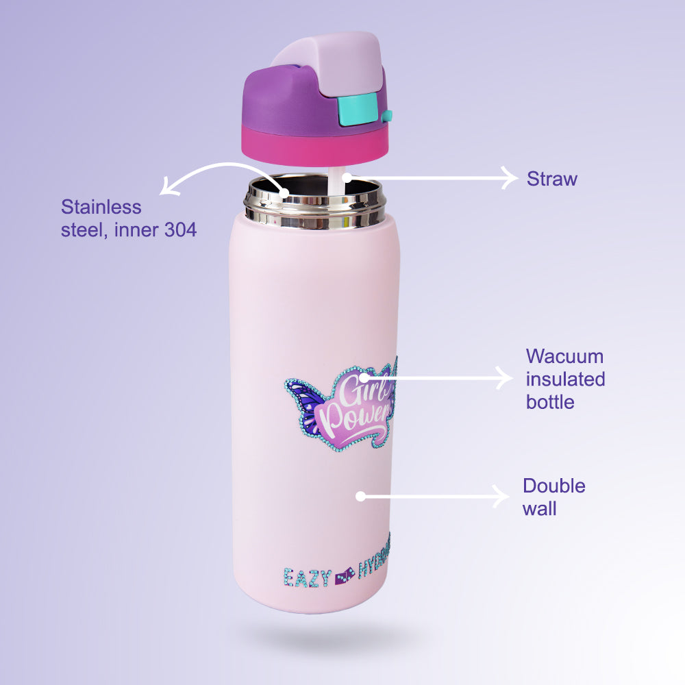 Eazy Kids Personalized Stainless Steel Water Bottle Bling w/ Straw and Spout 948 mL Girl Power Bling