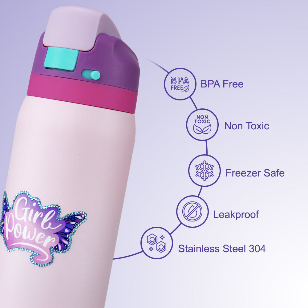 Eazy Kids Personalized Stainless Steel Water Bottle Bling w/ Straw and Spout 948 mL Girl Power Bling