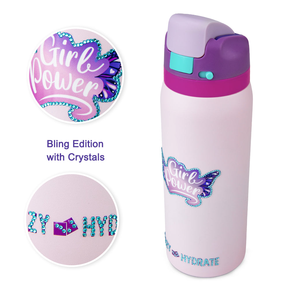 Eazy Kids Personalized Stainless Steel Water Bottle Bling w/ Straw and Spout 948 mL Girl Power Bling