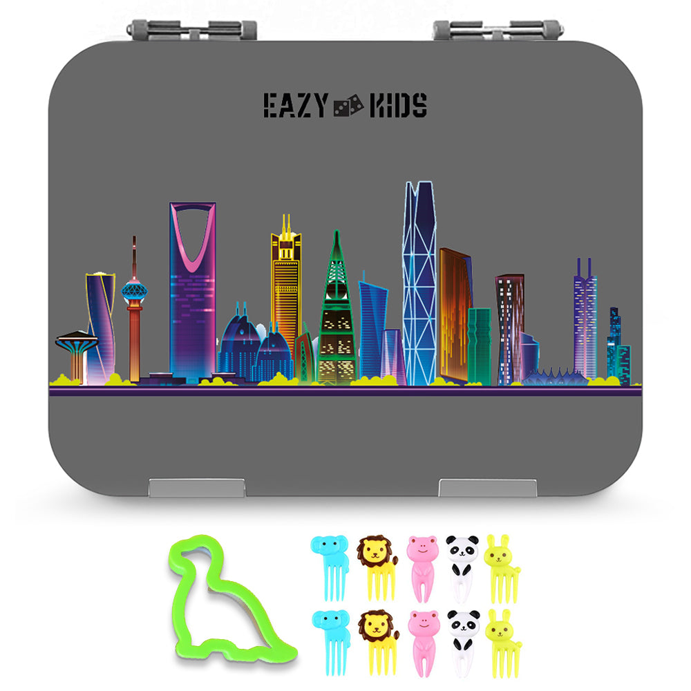 EAZY KIDS 4 Compartment Bento Lunch Box - Love Saudi Grey