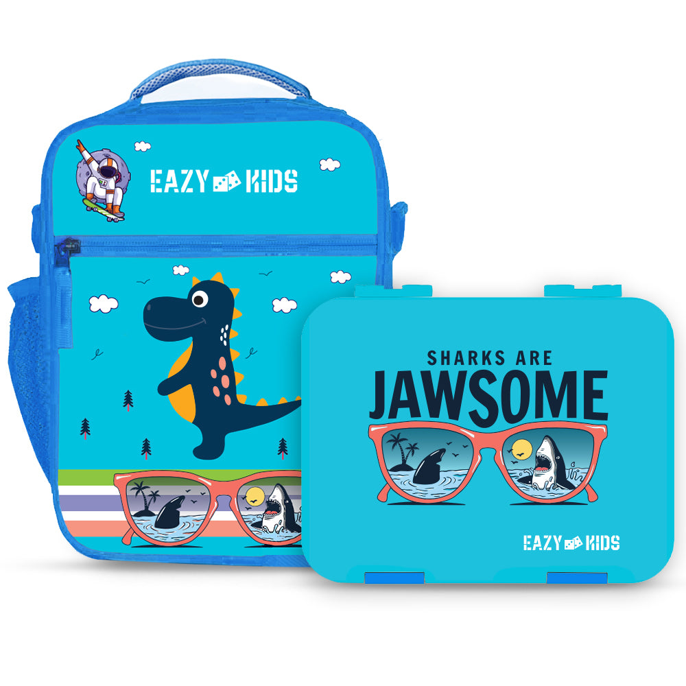 EAZY KIDS Bento Boxes wt Insulated Lunch Bag Combo - Jawsome Shark Blue