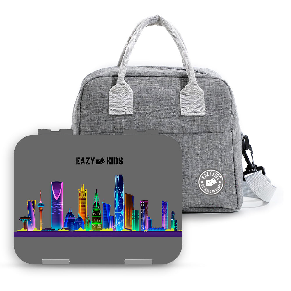 EAZY KIDS Bento Boxes wt Insulated Lunch Bag Combo - Love Riyadh Grey