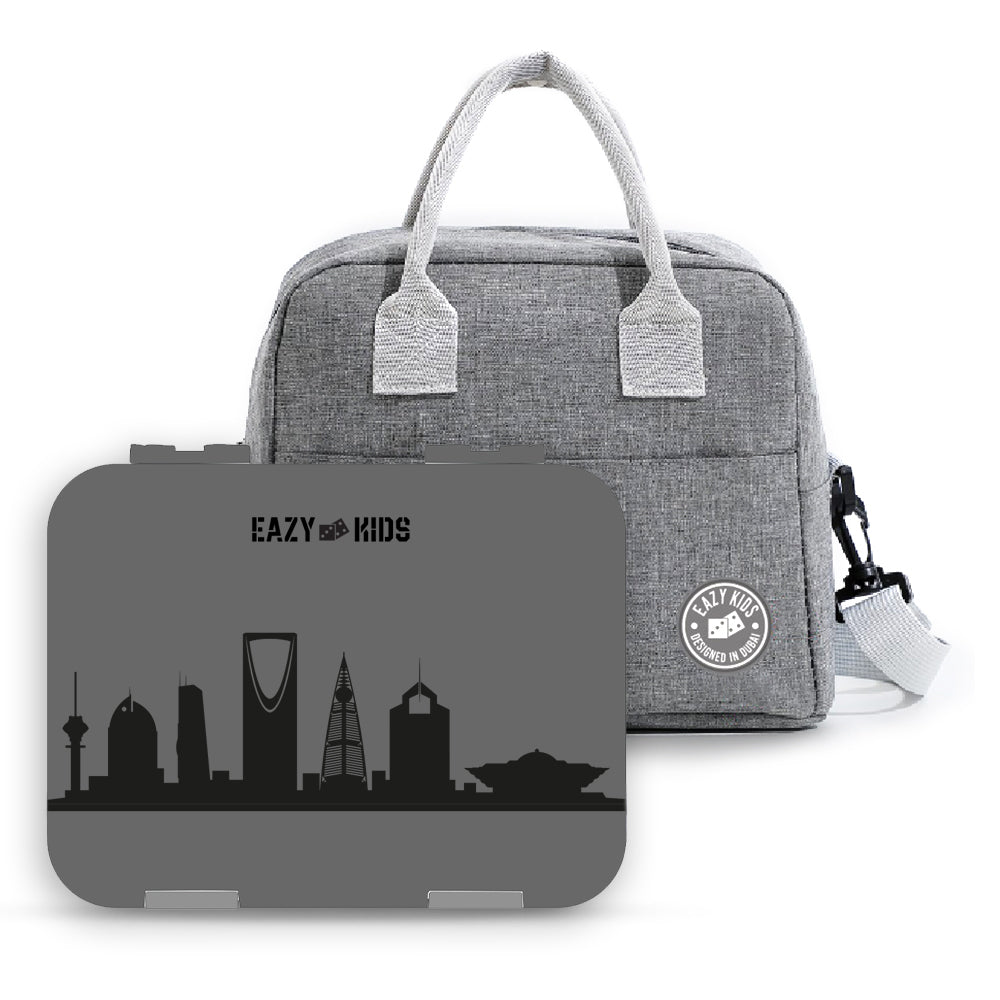 EAZY KIDS Bento Boxes wt Insulated Lunch Bag Combo - Love Saudi Grey