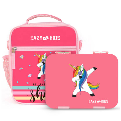EAZY KIDS Bento Boxes wt Insulated Lunch Bag Combo - Unicorn Pink