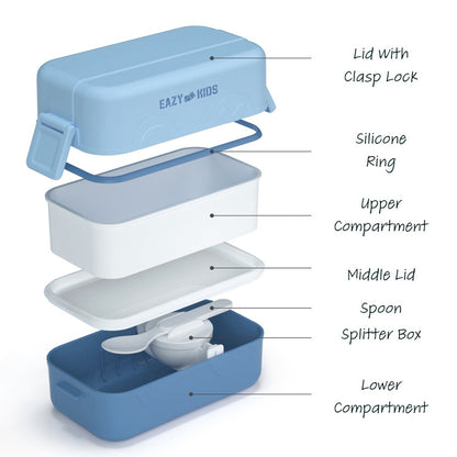 EAZY KIDS Double Decker tic - tac - toe Lunch Box w/Bento Compartment Splitter Sauce Box and Spoon - Blue (1200ml)