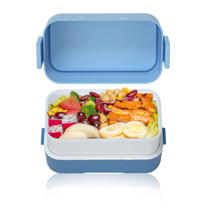 EAZY KIDS Double Decker tic - tac - toe Lunch Box w/Bento Compartment Splitter Sauce Box and Spoon - Blue (1200ml)
