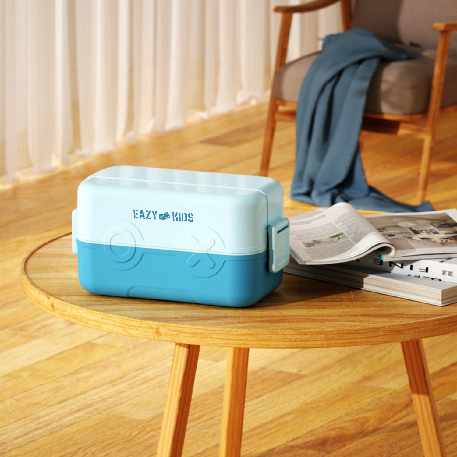 EAZY KIDS Double Decker tic - tac - toe Lunch Box w/Bento Compartment Splitter Sauce Box and Spoon - Blue (1200ml)