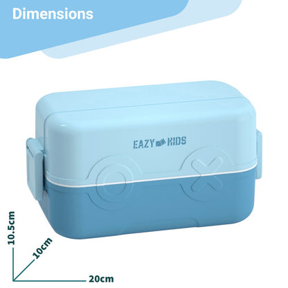 EAZY KIDS Double Decker tic - tac - toe Lunch Box w/Bento Compartment Splitter Sauce Box and Spoon - Blue (1200ml)