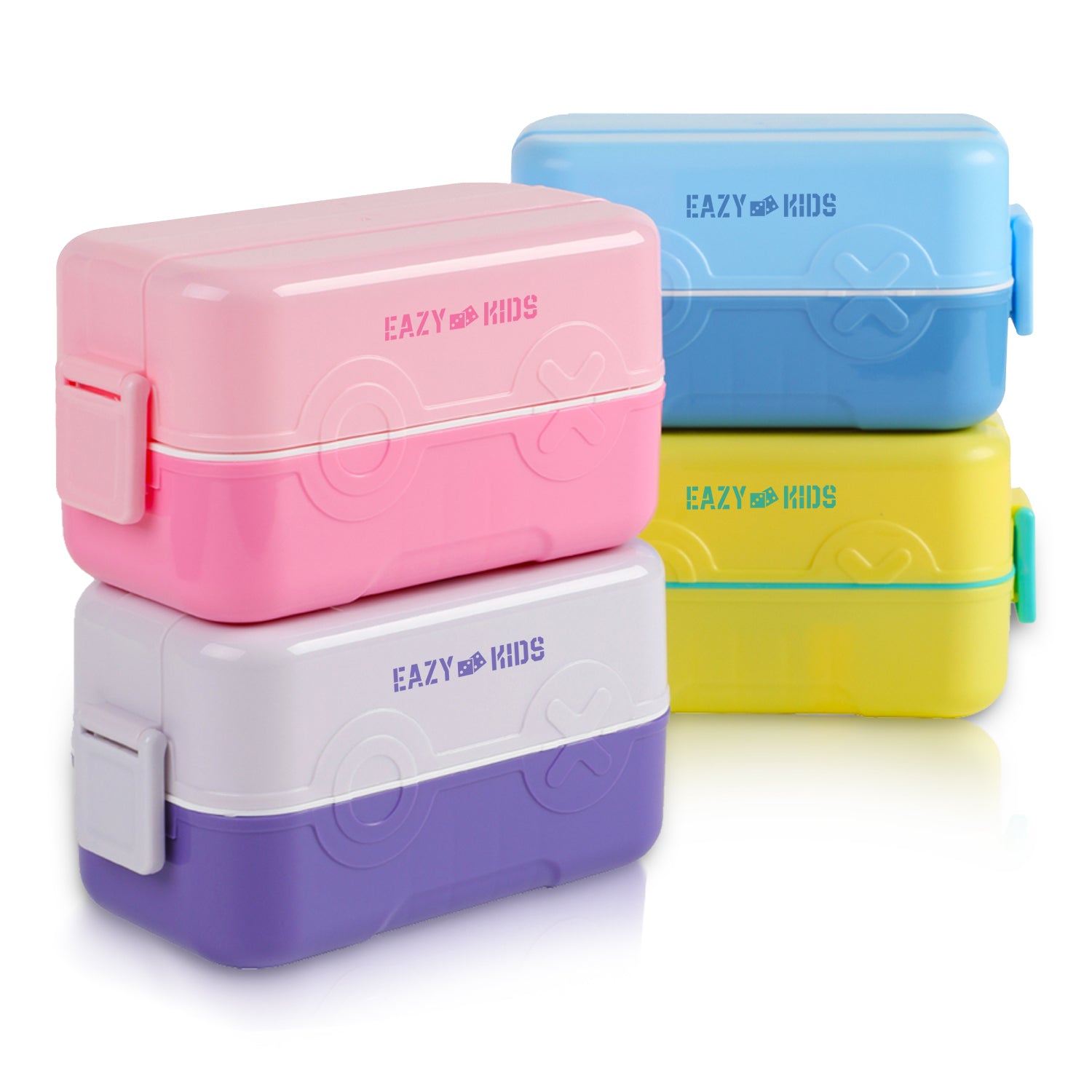 EAZY KIDS Double Decker tic - tac - toe Lunch Box w/Bento Compartment Splitter Sauce Box and Spoon - Blue (1200ml)