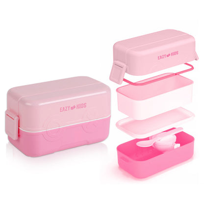 EAZY KIDS Double Decker tic - tac - toe Lunch Box w/Bento Compartment Splitter Sauce Box and Spoon - Pink (1200ml)