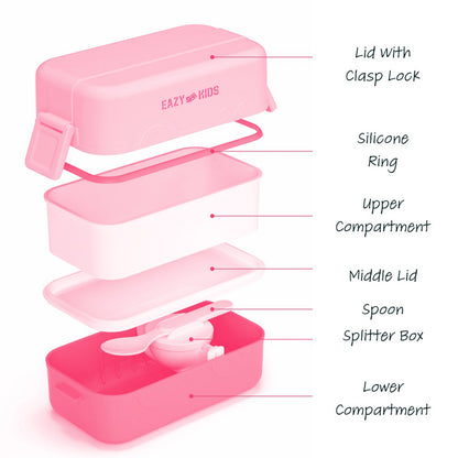 EAZY KIDS Double Decker tic - tac - toe Lunch Box w/Bento Compartment Splitter Sauce Box and Spoon - Pink (1200ml)