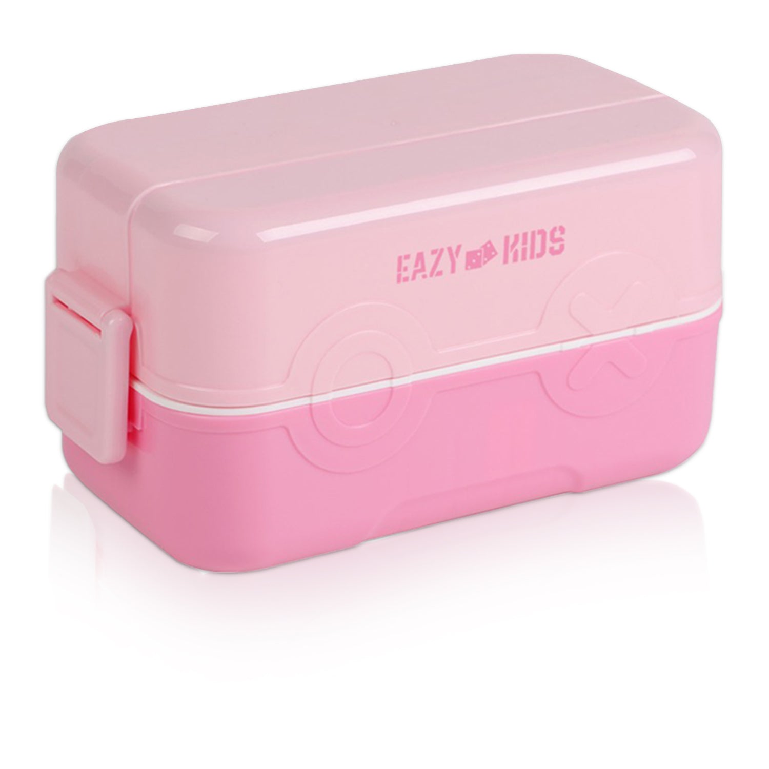 EAZY KIDS Double Decker tic - tac - toe Lunch Box w/Bento Compartment Splitter Sauce Box and Spoon - Pink (1200ml)