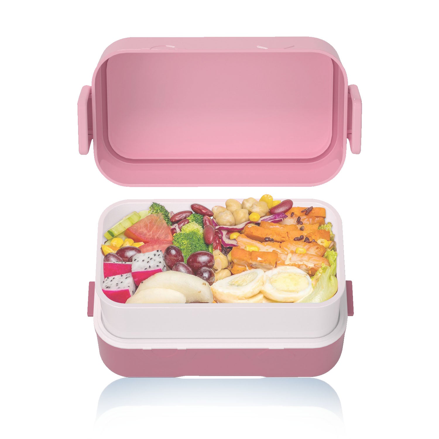 EAZY KIDS Double Decker tic - tac - toe Lunch Box w/Bento Compartment Splitter Sauce Box and Spoon - Pink (1200ml)