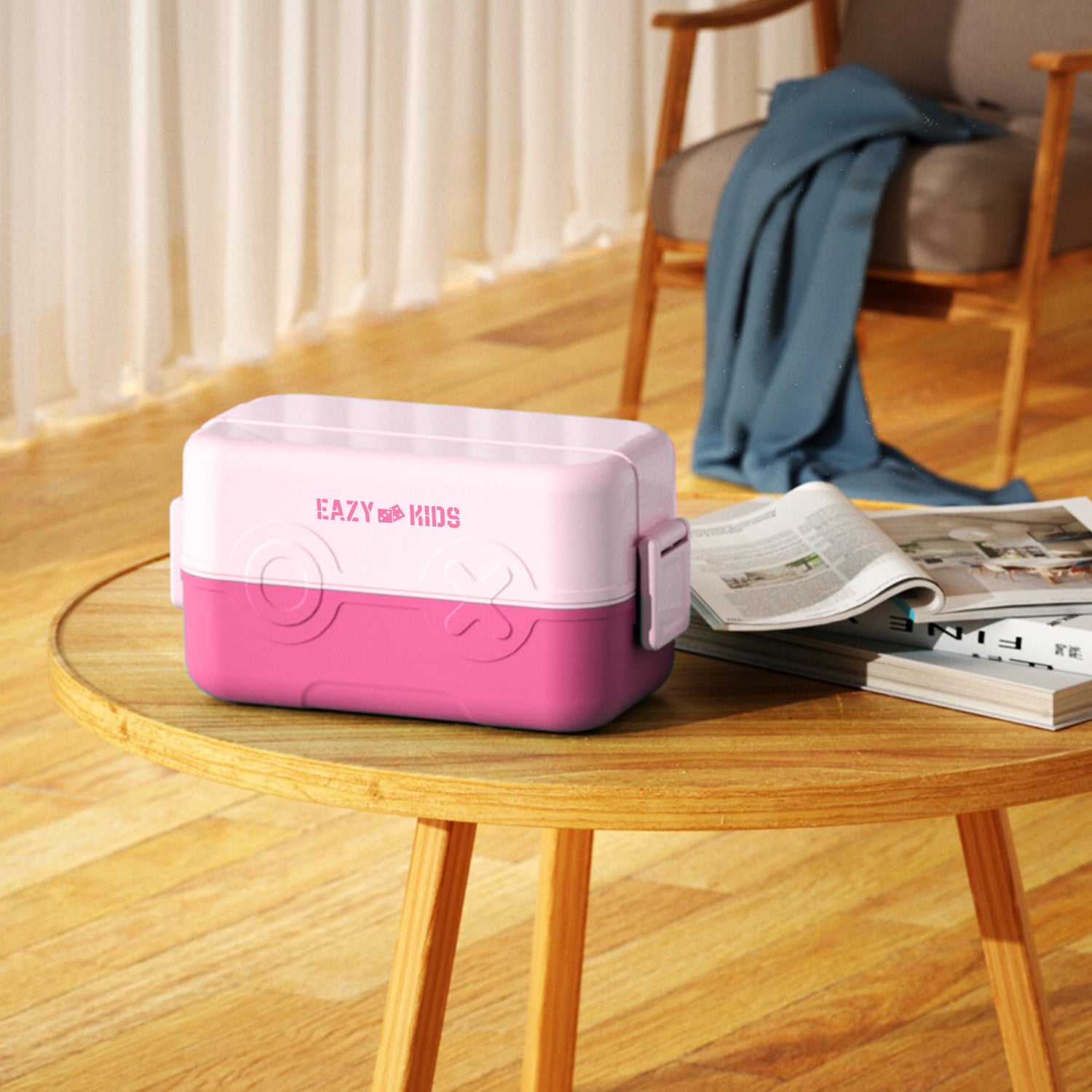 EAZY KIDS Double Decker tic - tac - toe Lunch Box w/Bento Compartment Splitter Sauce Box and Spoon - Pink (1200ml)