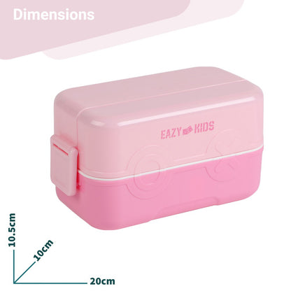 EAZY KIDS Double Decker tic - tac - toe Lunch Box w/Bento Compartment Splitter Sauce Box and Spoon - Pink (1200ml)