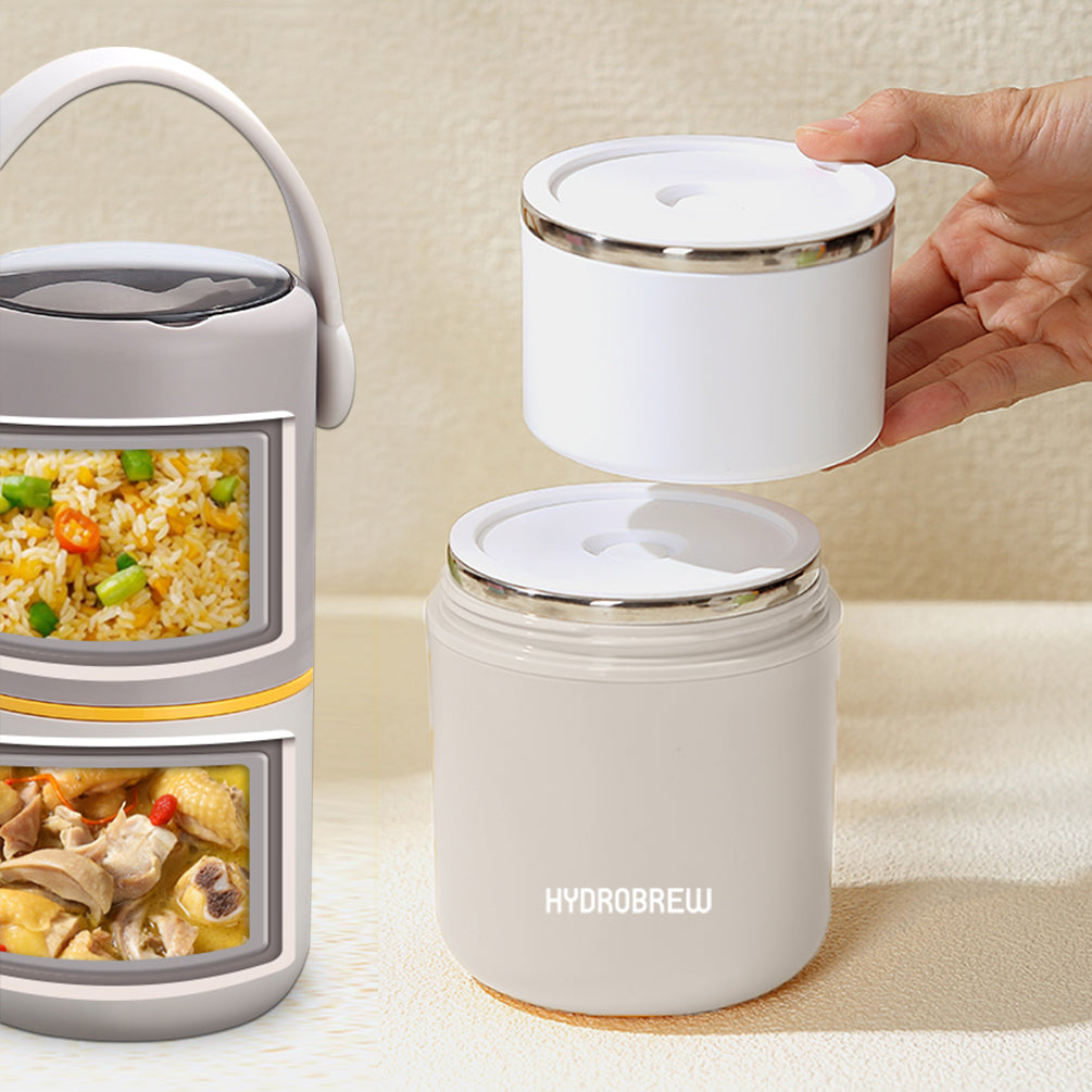 HYDROBREW Double Decker Stainless Steel Lunch Box w/Folding Spork - Grey