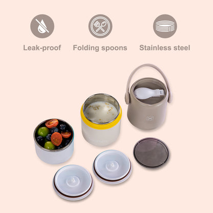 HYDROBREW Double Decker Stainless Steel Lunch Box w/Folding Spork - Grey