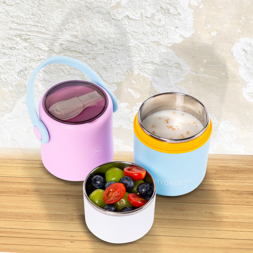 HYDROBREW Double Decker Stainless Steel Lunch Box w/Folding Spork - Mauve and Blue