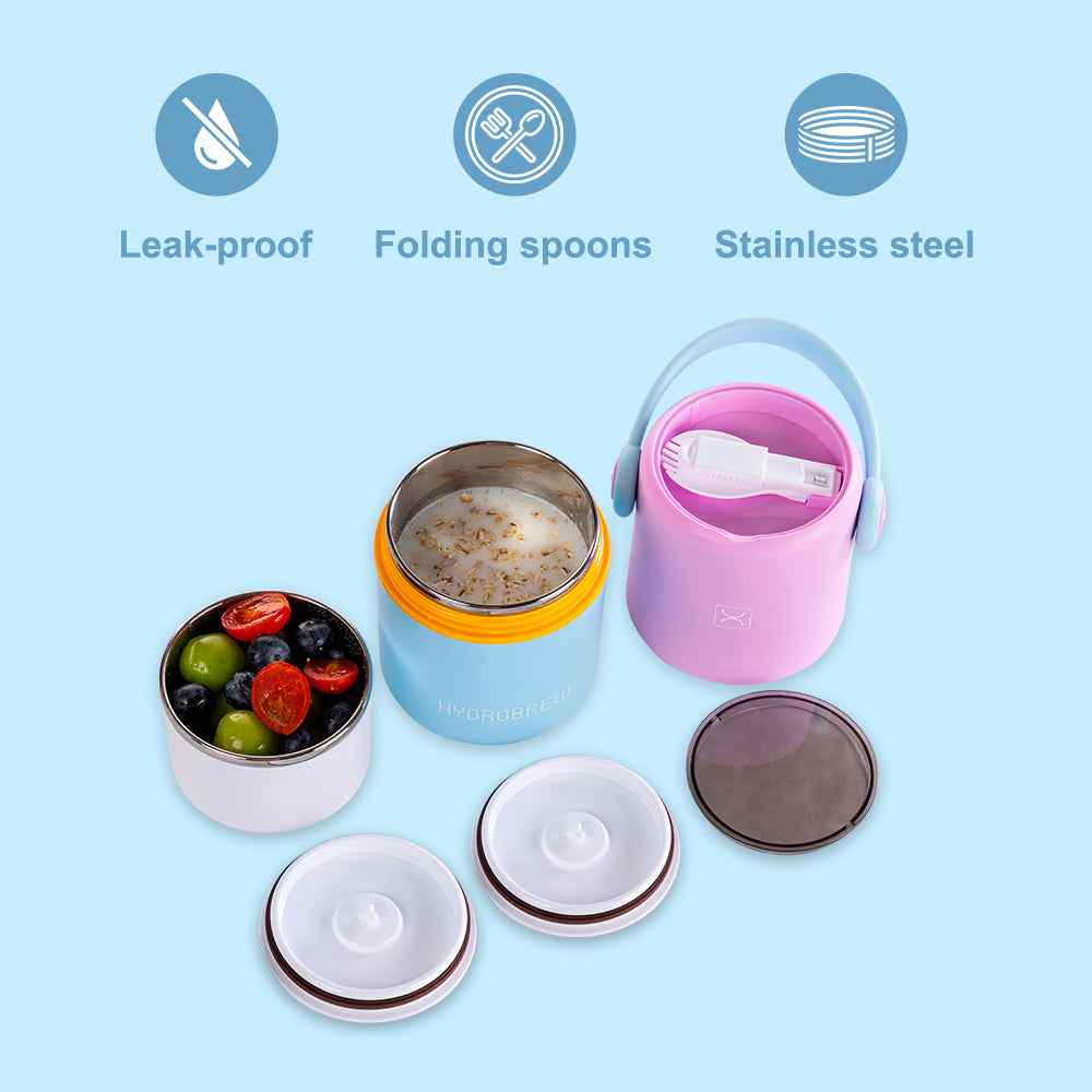 HYDROBREW Double Decker Stainless Steel Lunch Box w/Folding Spork - Mauve and Blue