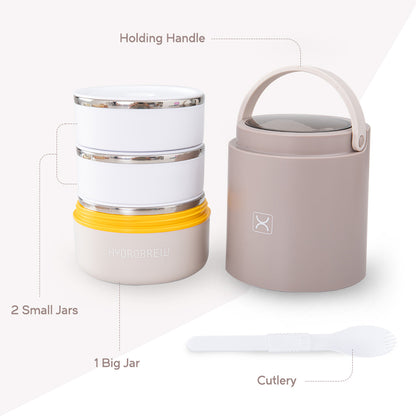 Hydrobrew Triple Decker Stainless Steel Lunch Box w/ Spoon-Desert Sand