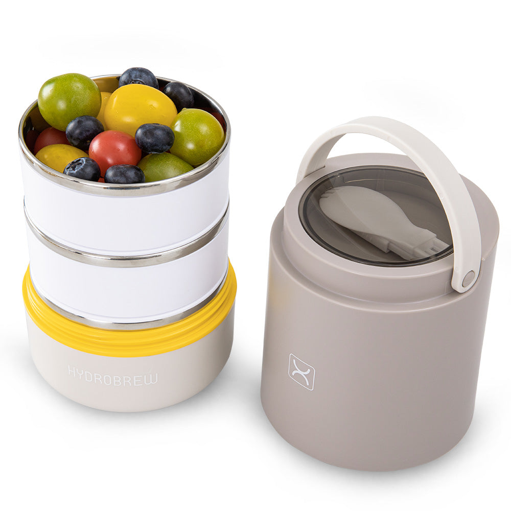 Hydrobrew Triple Decker Stainless Steel Lunch Box w/ Spoon-Desert Sand