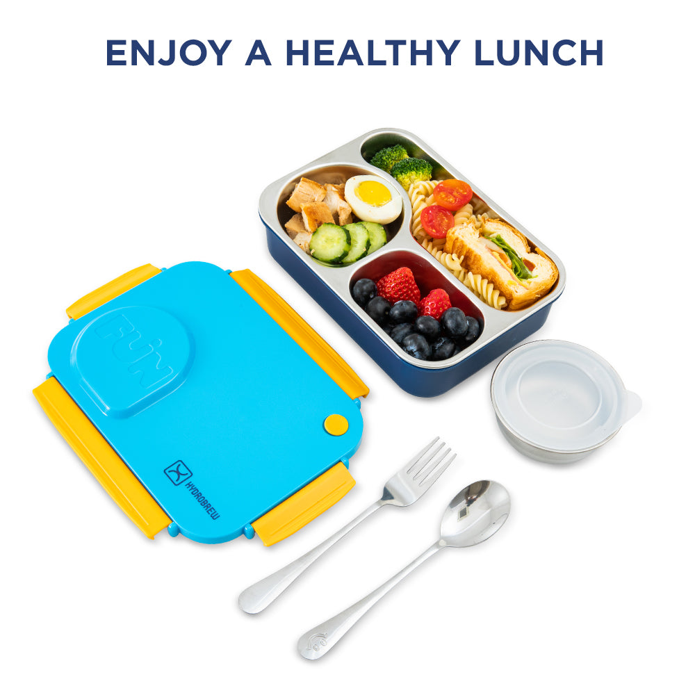 Hydrobrew Personalized Steel Core Lunch Box 750ml + 150ml Food Jar w/ cutlery, Stainless Steel, Leakproof - OCEAN NAVY