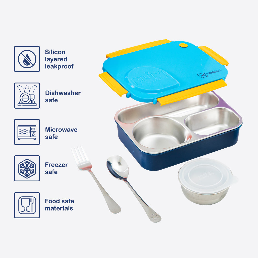 Hydrobrew Personalized Steel Core Lunch Box 750ml + 150ml Food Jar w/ cutlery, Stainless Steel, Leakproof - OCEAN NAVY