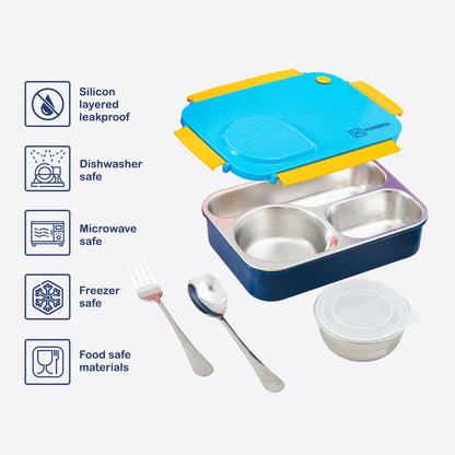 Hydrobrew Personalized Steel Core Lunch Box 750ml + 150ml Food Jar w/ cutlery, Stainless Steel, Leakproof - OCEAN NAVY
