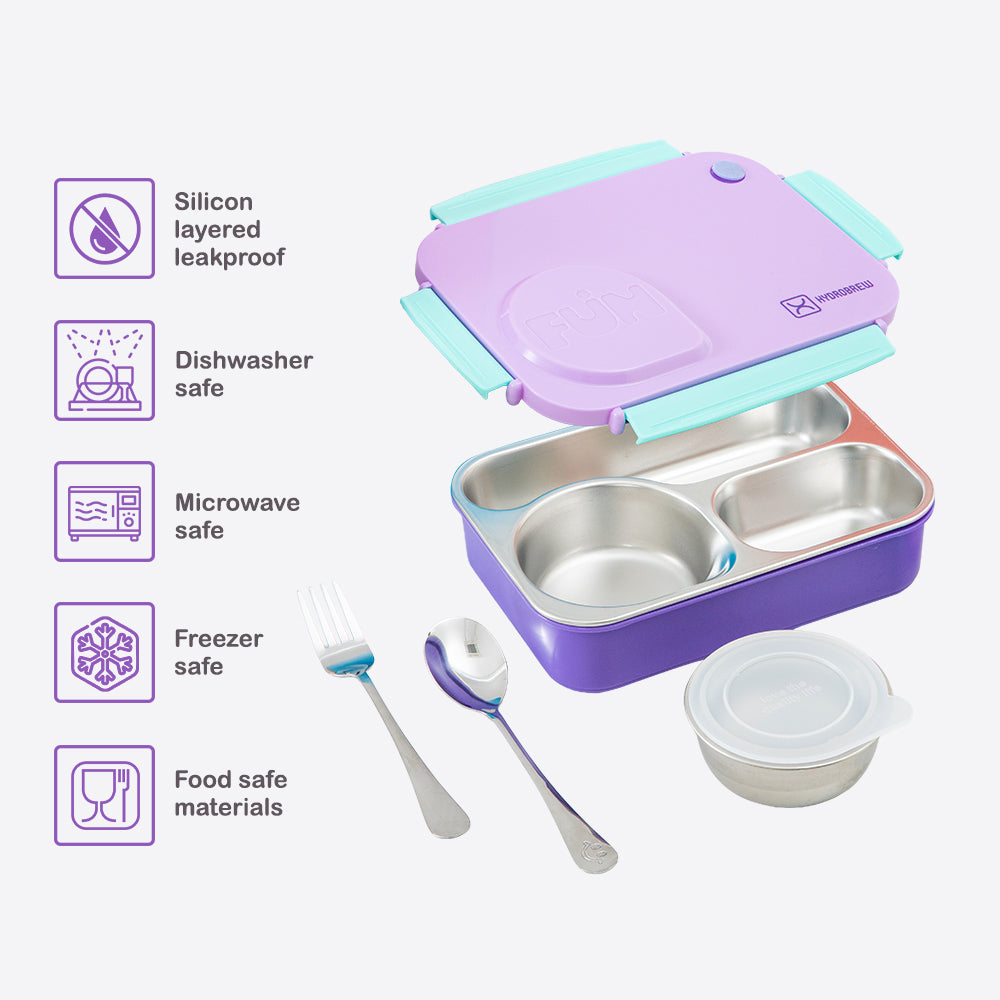 Hydrobrew Personalized Steel Core Lunch Box 750ml + 150ml Food Jar w/ cutlery, Stainless Steel, Leakproof - BERRY CREAM
