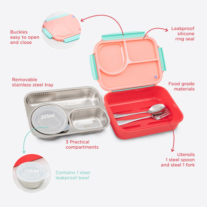 Hydrobrew Steel Core Lunch Box 750ml + 150ml Food Jar w/ cutlery, Stainless Steel, Leakproof - PINK SORBET