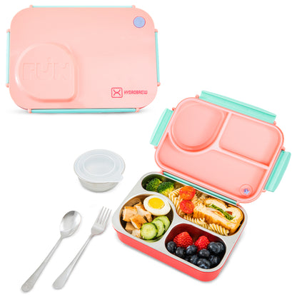 Hydrobrew Personalized Steel Core Lunch Box 750ml + 150ml Food Jar w/ cutlery, Stainless Steel, Leakproof - PINK SORBET