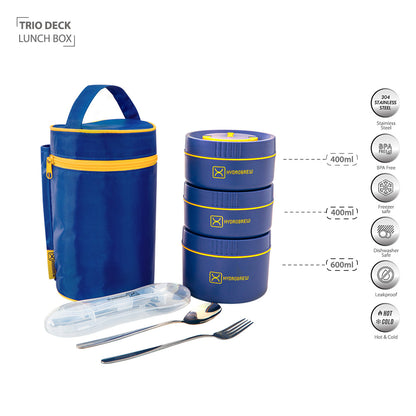 Hydrobrew Personalized Trio Deck Lunch Box w/ Lunch Bag and Cutlery - Majestic Blue