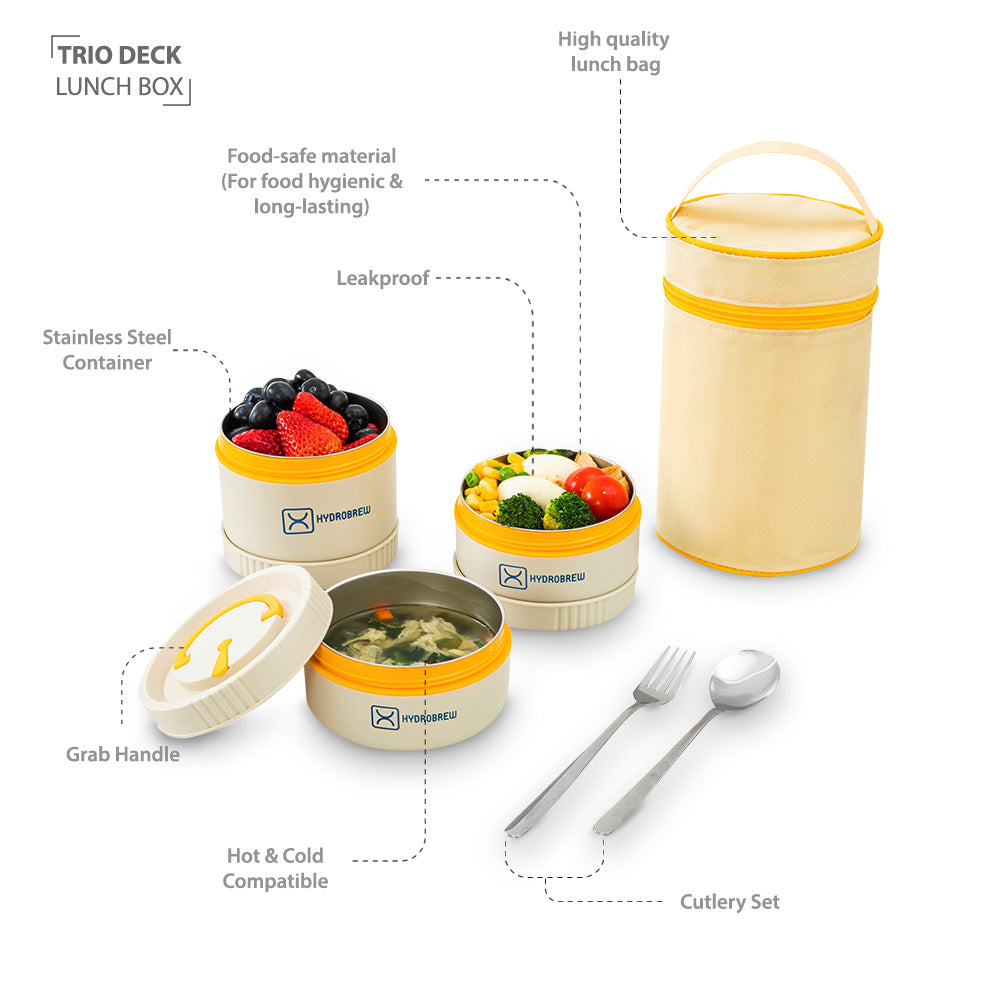Hydrobrew Personalized Trio Deck Lunch Box with Cutlery - Opal Cream