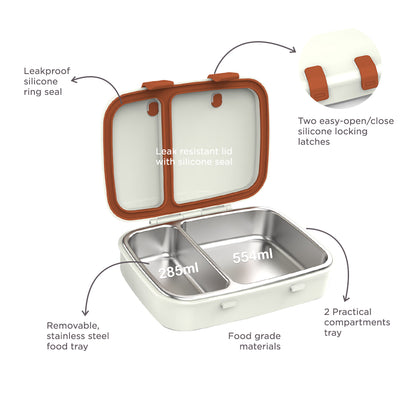 Hydrobrew Steel Core Bento Stainless Steel Lunch Box – 839ml, 2 Compartment-Ivory Terracotta