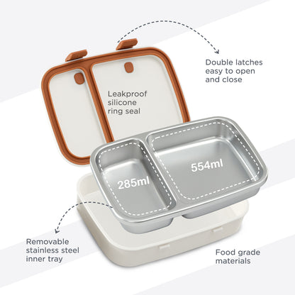Hydrobrew Steel Core Bento Stainless Steel Lunch Box ‚Äì 839ml, 2 Compartment-Ivory Terracotta