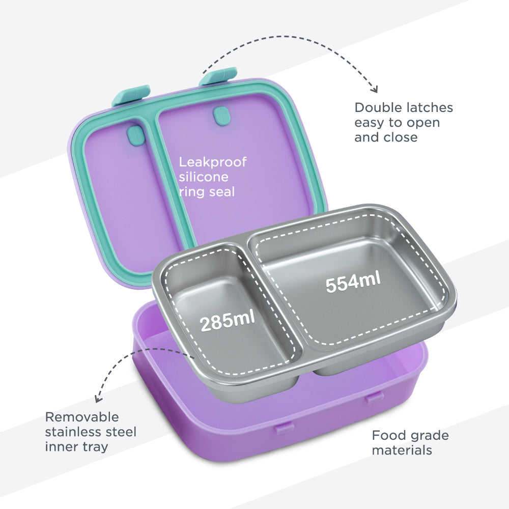 Hydrobrew Personalized Steel Core Bento Stainless Steel Lunch Box – 839ml, 2 Compartment-Orchid Mist