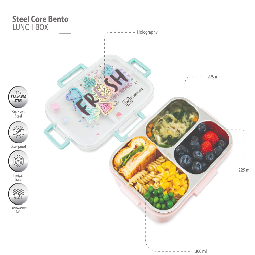 HydroBrew Steel Core Bento Lunch Box 3 Compartment 750ml – Fresh Pink