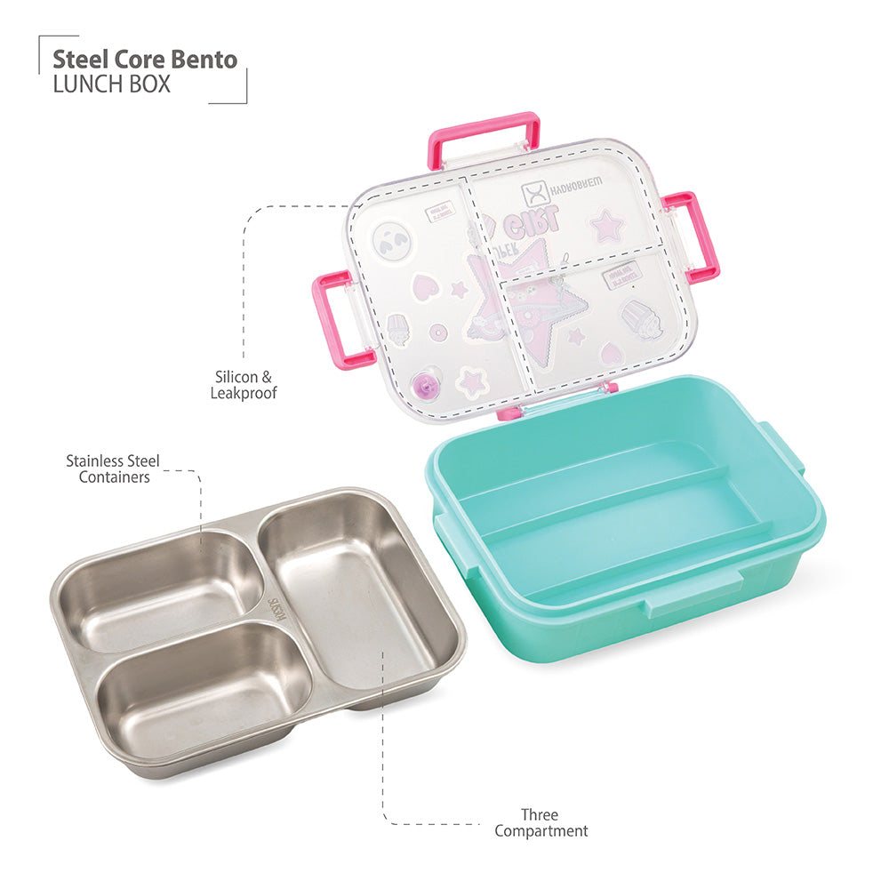 HydroBrew Steel Core Bento Lunch Box 3 Compartment 750ml – Teal Spark