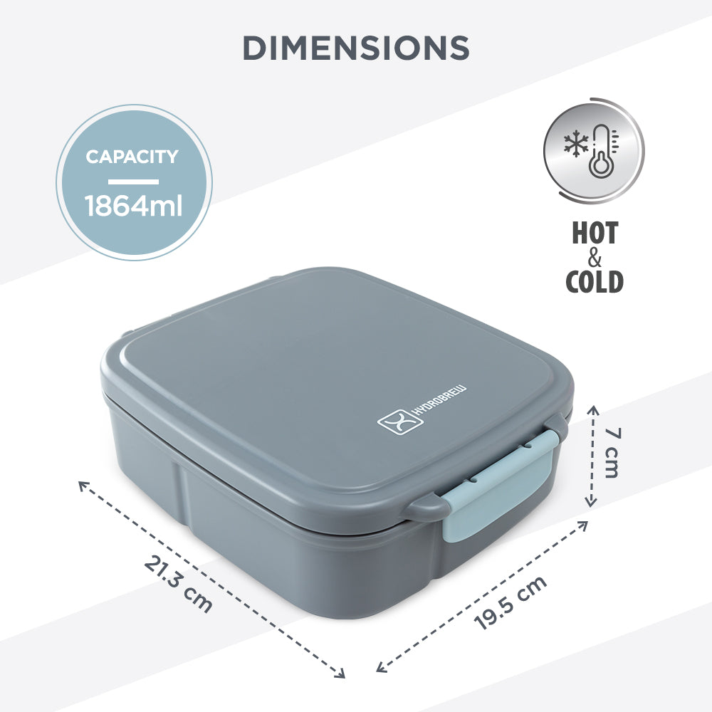 Hydrobrew Mega Flex Bento Lunch Box 1864ml,  Leakproof Lunch Container with Integrated 250ml Insulated Food Jar- Graphite