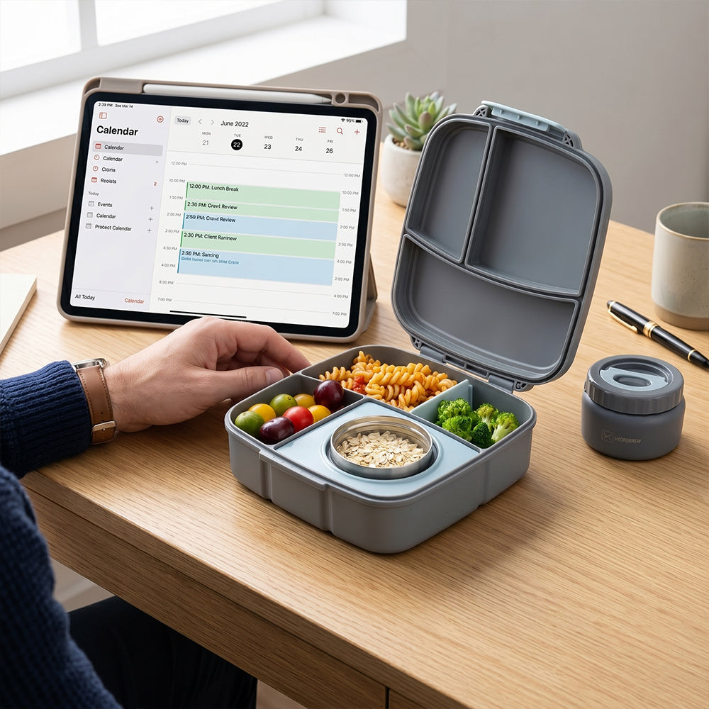 Hydrobrew Personalized Mega Flex Bento Lunch Box 1864ml,  Leakproof Lunch Container with Integrated 250ml Insulated Food Jar- Graphite