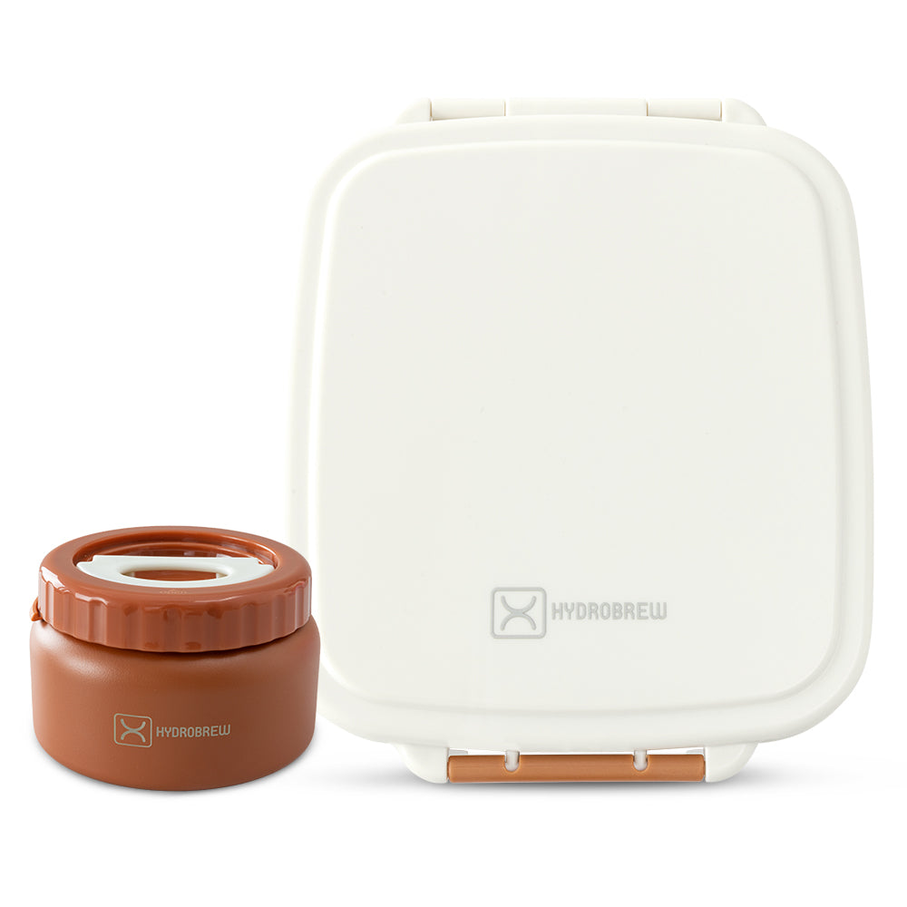 Hydrobrew Personalized Mega Flex Bento Lunch Box 1864ml,  Leakproof Lunch Container with Integrated 250ml Insulated Food Jar- Ivory Terracotta