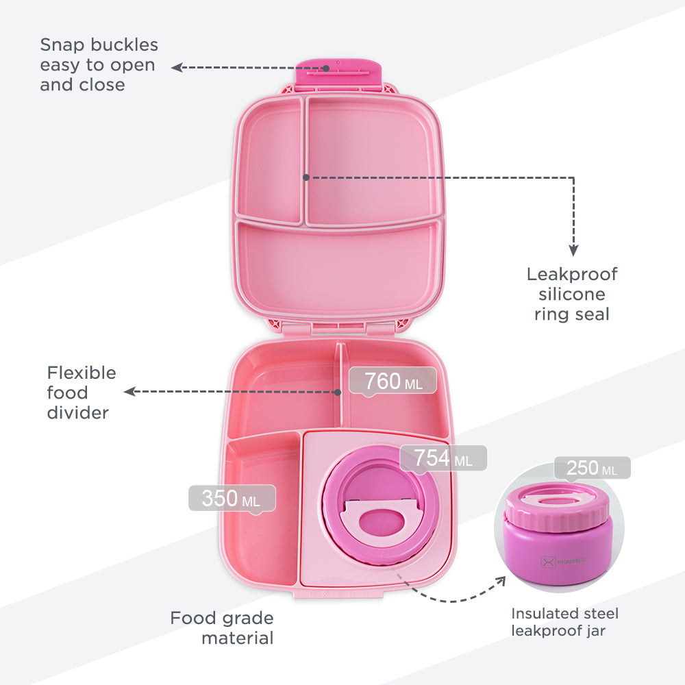 Hydrobrew Mega Flex Bento Lunch Box 1864ml,  Leakproof Lunch Container with Integrated 250ml Insulated Food Jar- Rose Silk