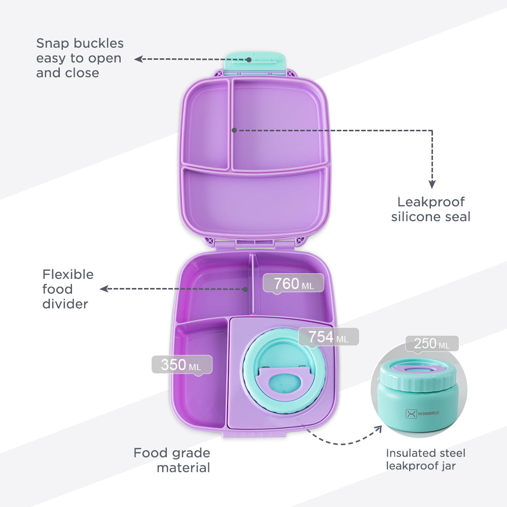 Hydrobrew Personalized Mega Flex Bento Lunch Box 1864ml,  Leakproof Lunch Container with Integrated 250ml Insulated Food Jar- Orchid Mist